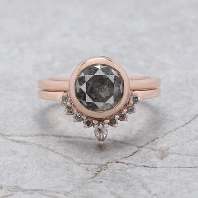 Anel de presente de noivado de ouro rosa 14K redondo de diamante sal e pimenta 1,96 CT - Imagem 1 de 4