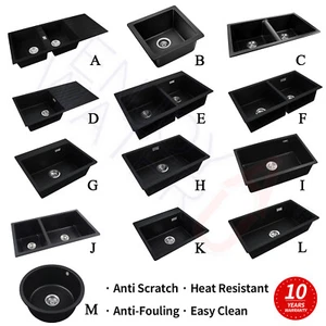Black Granite Stone Laundry Kitchen Bar Sink Single Double Bowl Basin Drainboard - Picture 1 of 72