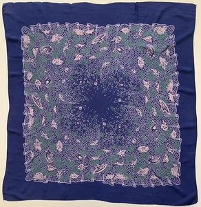 PD4 A Blue Lace And Leaves Design 30 Inch Square Vintage Silk Scarf - Picture 1 of 7