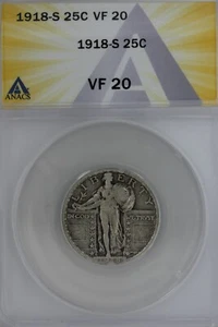 1918-S .25 ANACS VF 20 Standing Liberty Quarter, Liberty 25 Cents - Picture 1 of 2