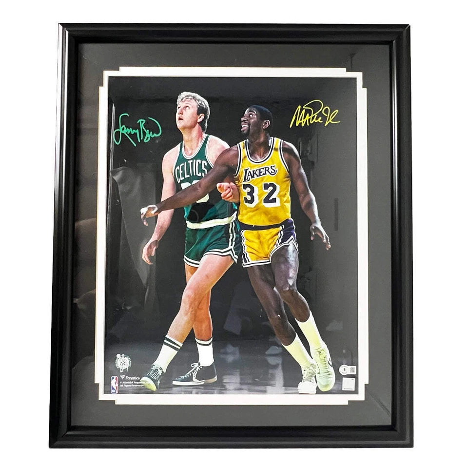 Larry Bird Magic and Johnson Signed Pose 1 Basketball 16x20 Framed Photo (Becket - Image 1 of 1