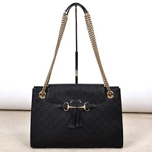 Gucci Guccissima Emily Black Embossed Leather Large Shoulder Bag Handbag Purse