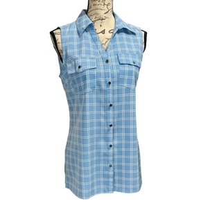 Blusa sin mangas vintage de los años 90 azul a cuadros con cuello botón delantero - Imagen 1 de 11