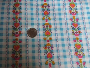 OLANDESE vintage FIORI UCCELLINI CUORI su tessuto COTONE BLU GINGHAM anni '50 - 6 yd - Foto 1 di 2