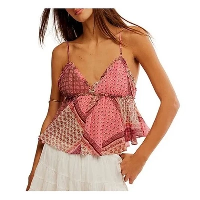 Free People Cami Mujer XL Rosa Confeti Alix Patchwork Festival Boho Concierto Foto 1 de 4