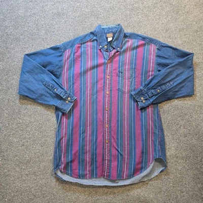 DuxBak Shirt Mens Size Large Blue Red Striped Denim Button Long Sleeve Casual - Image 1 of 4