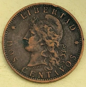 1893 Argentina 2 Centavos Bronze World Coin Liberty Cap Head KM33 Two Cents - Picture 1 of 2