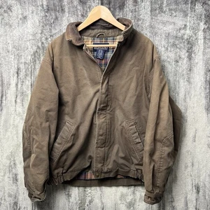 VTG Lands End Chore Coat Jacket Mens L Leather Trim Flannel Lined Barn Brown - Picture 1 of 6