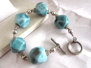 Silver tone heavy glazed teal blue ceramic beaded bracelet with toggle clasp - Picture 1 of 4