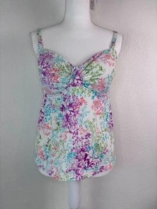 Lands' End Damen 10 Weiß Blumen Tankini Schwimmen Oberteil Bügel Integrierter BH - Bild 1 von 6