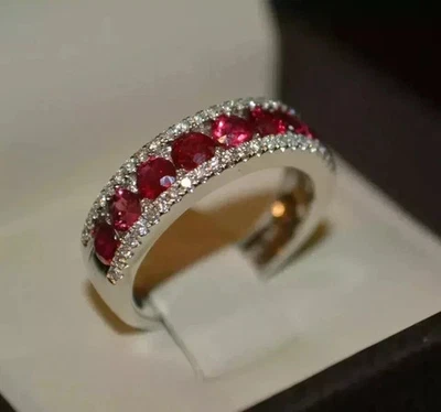 14K White Gold Plated 3Ct Round Cut Lab Created Red Ruby Wedding Band Ring - Image 1 of 4