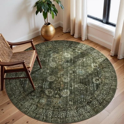 Green Boho Washable 5FT Round Living Room Rug,Vintage Circle Rug for Bedroom ... - Image 1 of 2