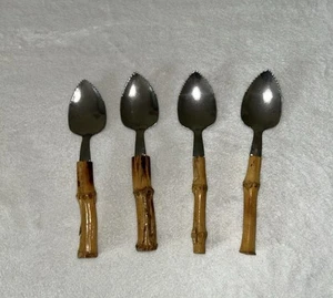 Vintage MCM Grapefruit Spoons S/4 Bamboo Serrated Tips - Picture 1 of 5