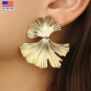 Fashion Women Boho Creative 3D Gold Carved Ginkgo Leaves Earrings Stud 0049 - Picture 1 of 5