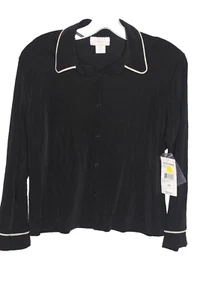 Studio Works Petite Blouse Womens PM Black White Piping Accents Button Front LS - Picture 1 of 8