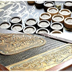 Grande set da tavolo da gioco backgammon 21" 510 mm ""Fregata oro"" legno pelle FATTO A MANO - Foto 1 di 4