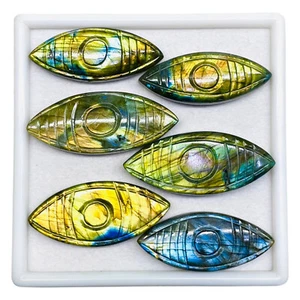 6 Pcs Natural Labradorite 43-49mm Marquise Carved Eye Flashy Losse Gemstones - Picture 1 of 11