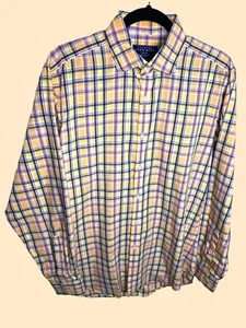 Charles Tyrwhitt Poplin Weave Colorful Peach Yellow Navy Check Dress Shirt Men M - Picture 1 of 6