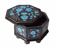 Octagon Black Marble Trinket Box Turquoise Stone Inlay Work Giftable Box for Her