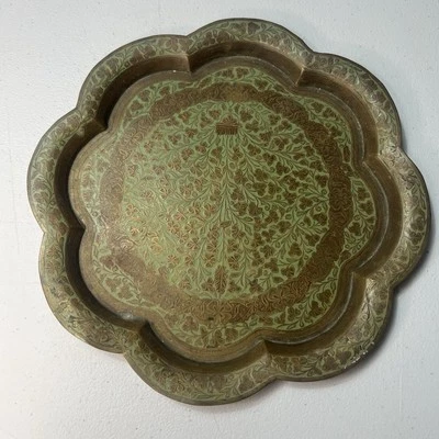 Vintage Antique Metal Indian Patterned Brass Tray Plate Scallop Flower Mumtaz - Image 1 of 4