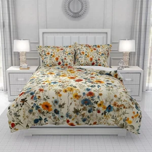 Vintage Floral Duvet Cover Queen Size 3D Printed Colorful Flowers Duvet Cover Se - Picture 1 of 7