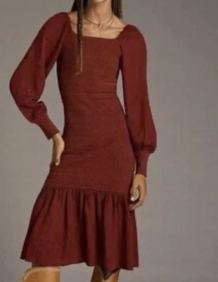 Vestido Anthropologie Para Mujer Talla Pequeña Manga Abullonada Midi Modesto Vino Foto 1 de 4
