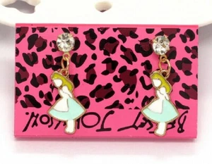 Betsey Johnson Crystal Alice Wonderland Gold Drop Dangle Earrings Free Gift Bag - Picture 1 of 2