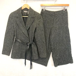Kate Hill Culotte Pants Suit 2P 2 Petite Wool Gray 2 Piece Belted Blazer Jacket - Picture 1 of 21