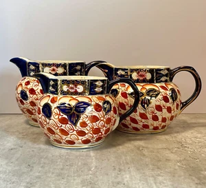 Antique Graduated Jugs x 3 - English Staffordshire Pottery Imari Edwardian Large - Picture 1 of 24