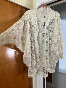 Vtg 80s Handmade Ivory Lace Batwing Slouchy Oversized Bed Jacket Tunic Top L XL - Picture 1 of 24