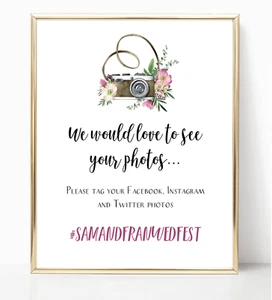 Personalised A4 Wedding Sign Floral Camera Hashtag Instagram Facebook - Purples - Picture 1 of 2