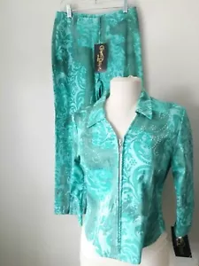 Christine Phillipe Turquoise Green 2 Pc High Waist Beaded Floral Pant Suit $300 - Picture 1 of 12