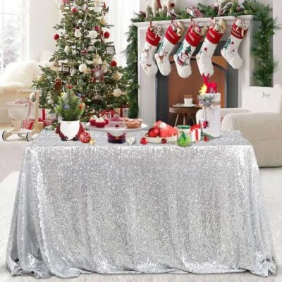 Sequin Tablecloth 90x132 Inches Rectangular Silver Table Cloth Glitter Fabric... - Изображение 1 из 4