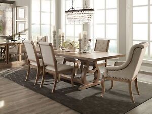 ON SALE - 7pc Traditional Dining Room Natural Brown Table & Beige Chairs Set C7Q