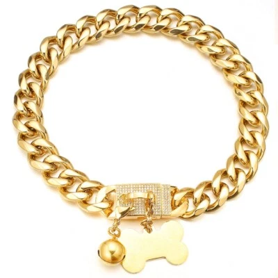 Collar de cadena para perro de eslabones cubanos de acero inoxidable tono dorado pesado de 15/19 mm con bloqueo de circonita cúbica Foto 1 de 4