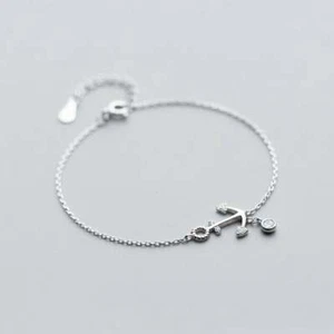 Sparkling Brilliant Simulated Sapphire Fine Anchor Pendant 14k White Gold Anklet - Picture 1 of 5