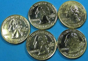 2007 P & D USA Quarters Lot of 5 Diff Coins Gold Plated, Free S/H after 1st item - Picture 1 of 4