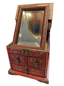 Oriental lacquerware slide folding mirror red jewellery box - Foto 1 di 15