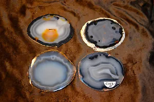 SET OF 4 HUGE MUG COASTERS BRAZIL GEODE THIN SLAB BLACK GREYS C143-10 - Picture 1 of 3