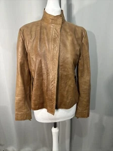 French Connection Real Leather Vintage Brown Biker Leather Jacket M RRP£199 A7 - Picture 1 of 12