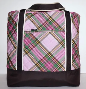 Borsa tote LANDS'END rosa a quadri e marrone scuro in tessuto trapuntato 12,5x12 - Foto 1 di 12