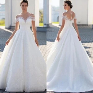 Elegant A-Line Wedding Dresses Off The Shoulder Short Sleeves Tulle Bridal Gowns - Picture 1 of 9