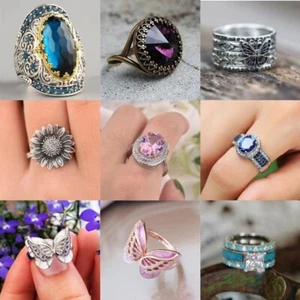 Fashion Silver Alloy Blue Pink White Purple Cute Stone Vintage Style Ring gift - Picture 1 of 45