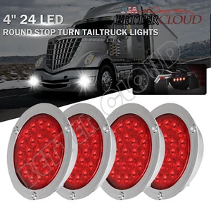4x 4" Round 24 LED Truck Trailer Stop Turn Tail Brake Lights w/ Chrome Ring Red - Picture 1 of 12