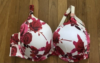 Plus Size 44DDD Lane Bryant Nylon Cacique Boost Plunge Bra White Red Pink Roses - Image 1 of 4