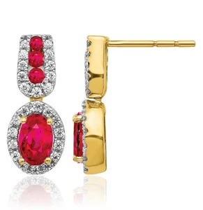 14K Solid Yellow Gold Diamond Ruby Dangle Earrings - Picture 1 of 11