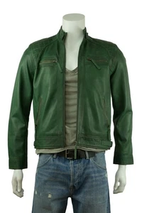 Image Texas Men's Green Leather Zip Pockets Rock Fashion Biker Jacket Size Large - Picture 1 of 5