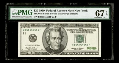 Near Solid Serial Number 55555551 1999 $20 Dollar Fancy Binary Serial PMG 67 EPQ - Image 1 of 2