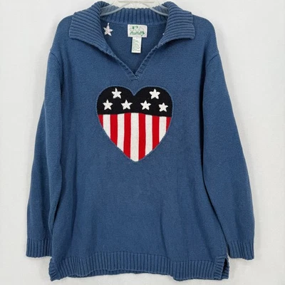 Quacker Factory Womens L Sweater Patriotic Heart USA Flag Stars Stripes Pullover - Image 1 of 4