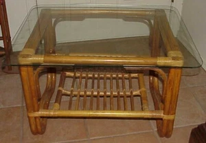 VINTAGE MID CENTURY 29" X 24" GLASS TOP BAMBOO ACCENT COFFEE TABLE W/SHELF - Picture 1 of 8